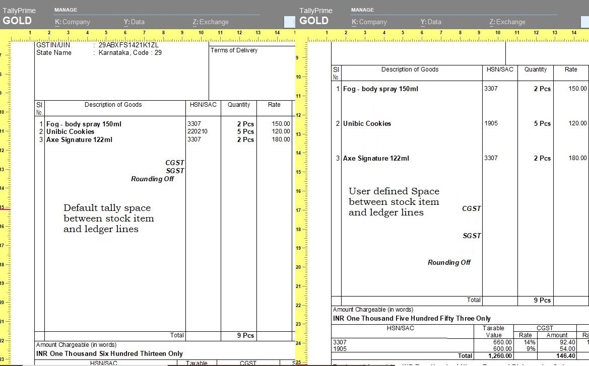 Provide Space between Stock Item & Ledgers Line in Invoice Print
